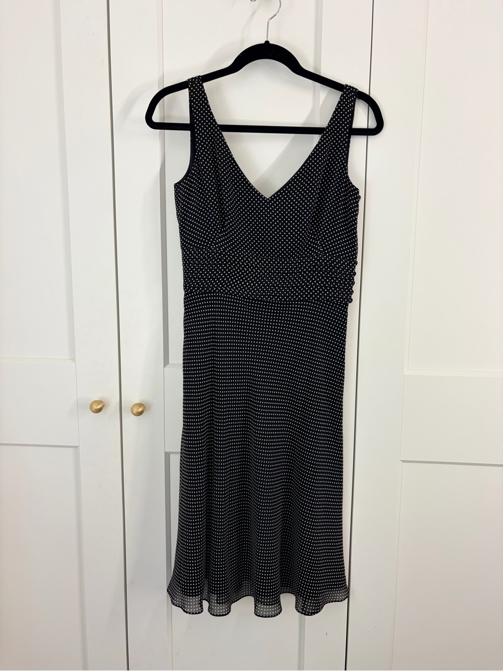 Ann Taylor Silk Black and White Polka Dot V-Neck Midi Dress | 2